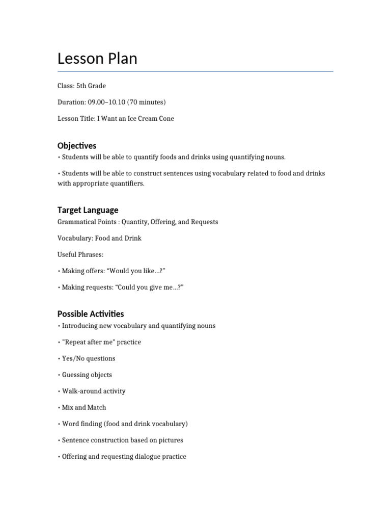5th Grade Food Quantifiers Lesson Plan | PDF | Lesson Plan | Vocabulary