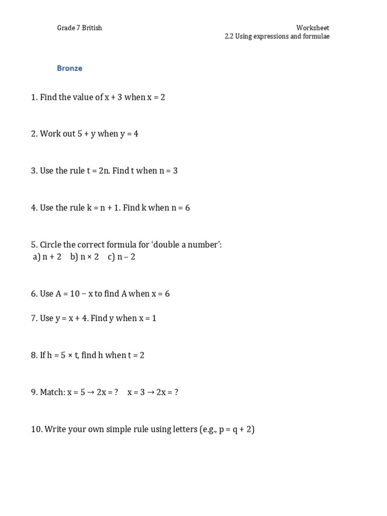 Grade 7 Expressions and Formulae Worksheet | PDF