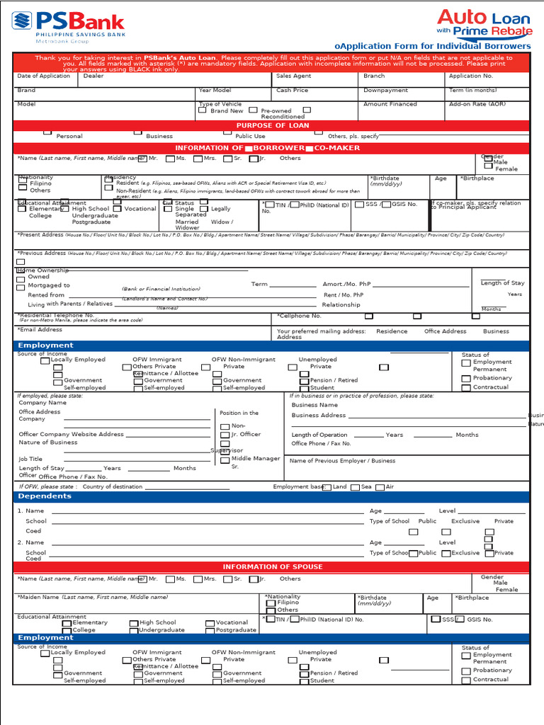 PSBank Auto Loan Application Form | PDF | Loans | Banks