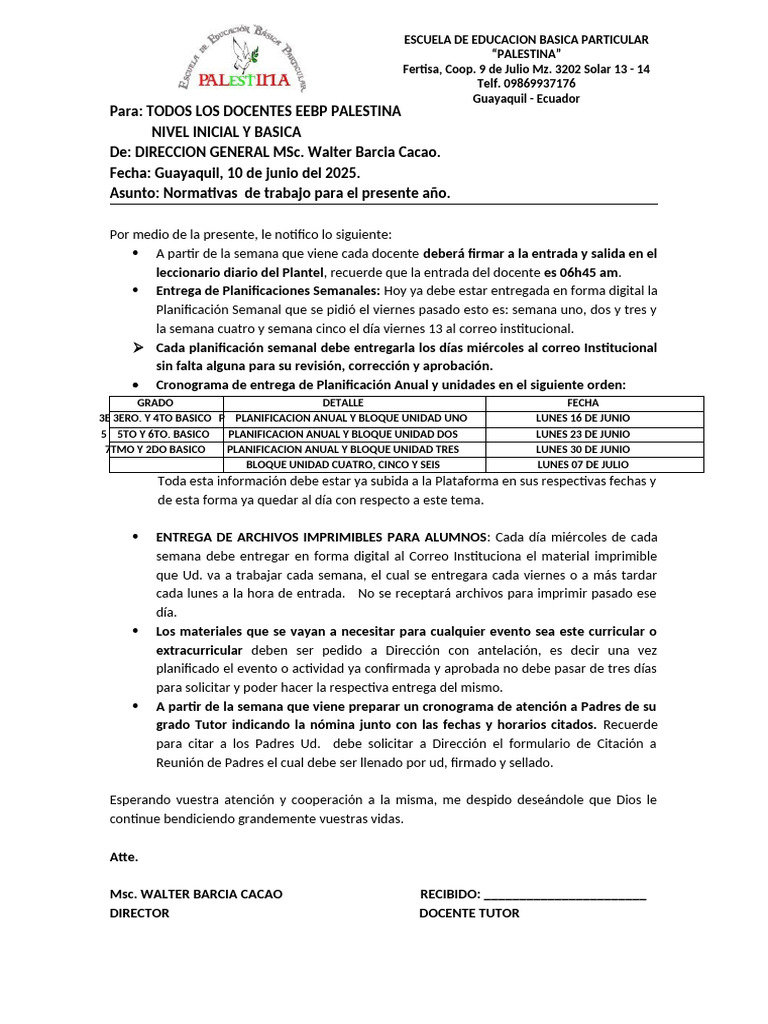 Normativas Docentes EEBP Palestina 2025 | PDF