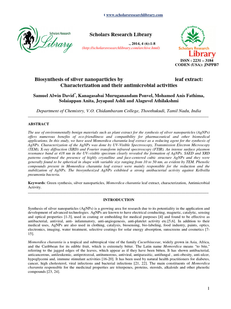 Biosynthesis of Silver Nanoparticles by | PDF | Nanoparticle ...