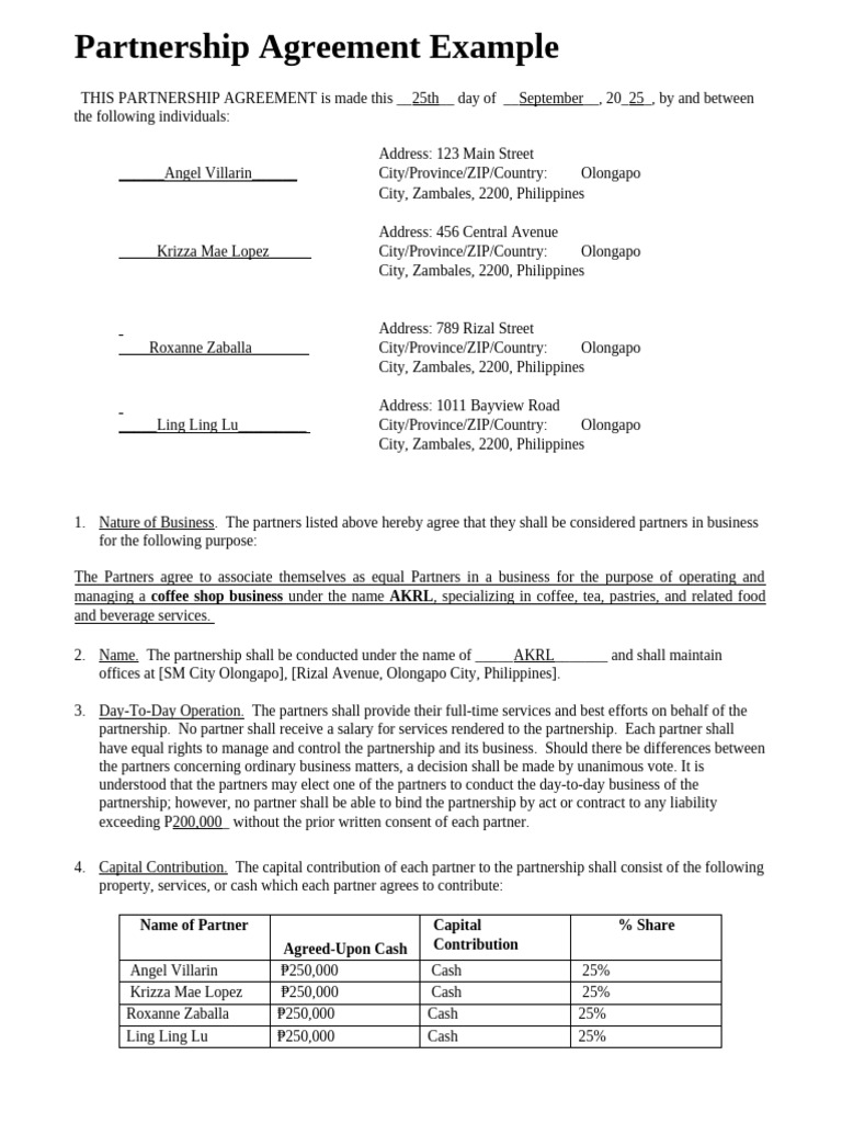Sample of Simplified Partnership Agreement | PDF | Partnership ...