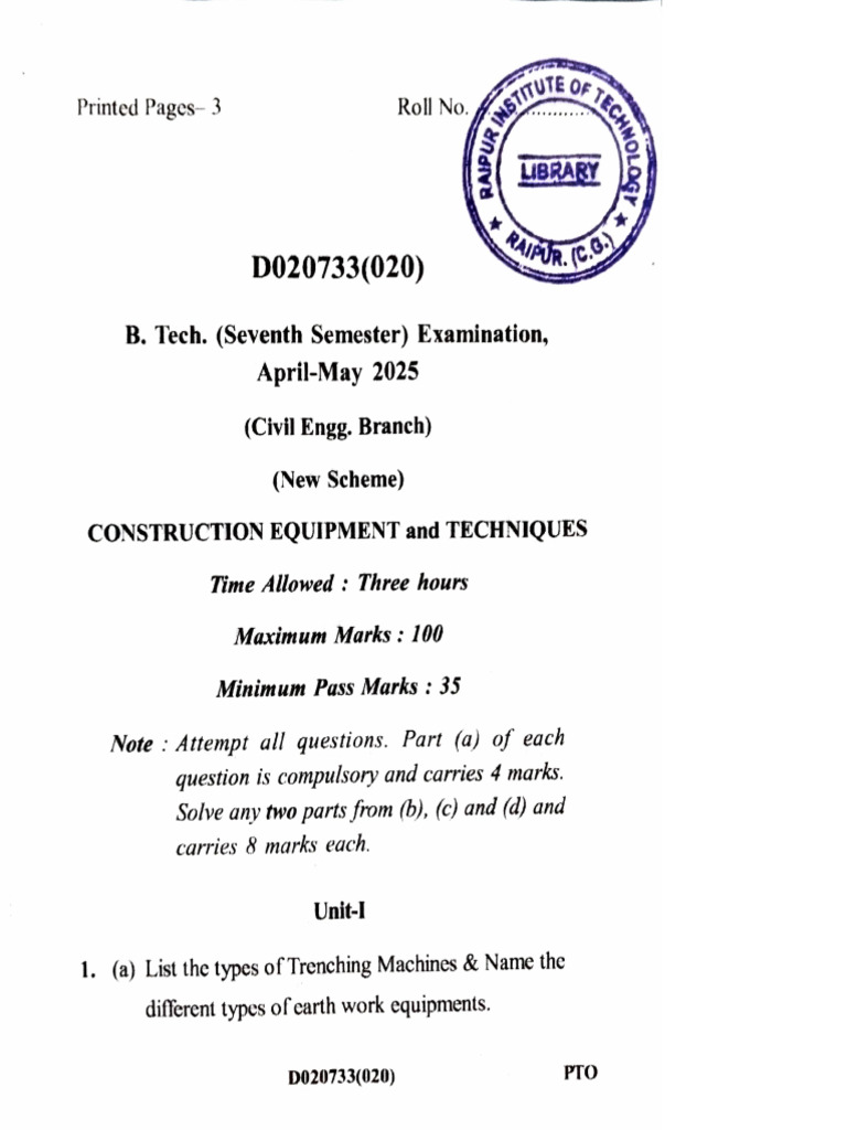 Construction Equipment Techniques Exam Guide | PDF