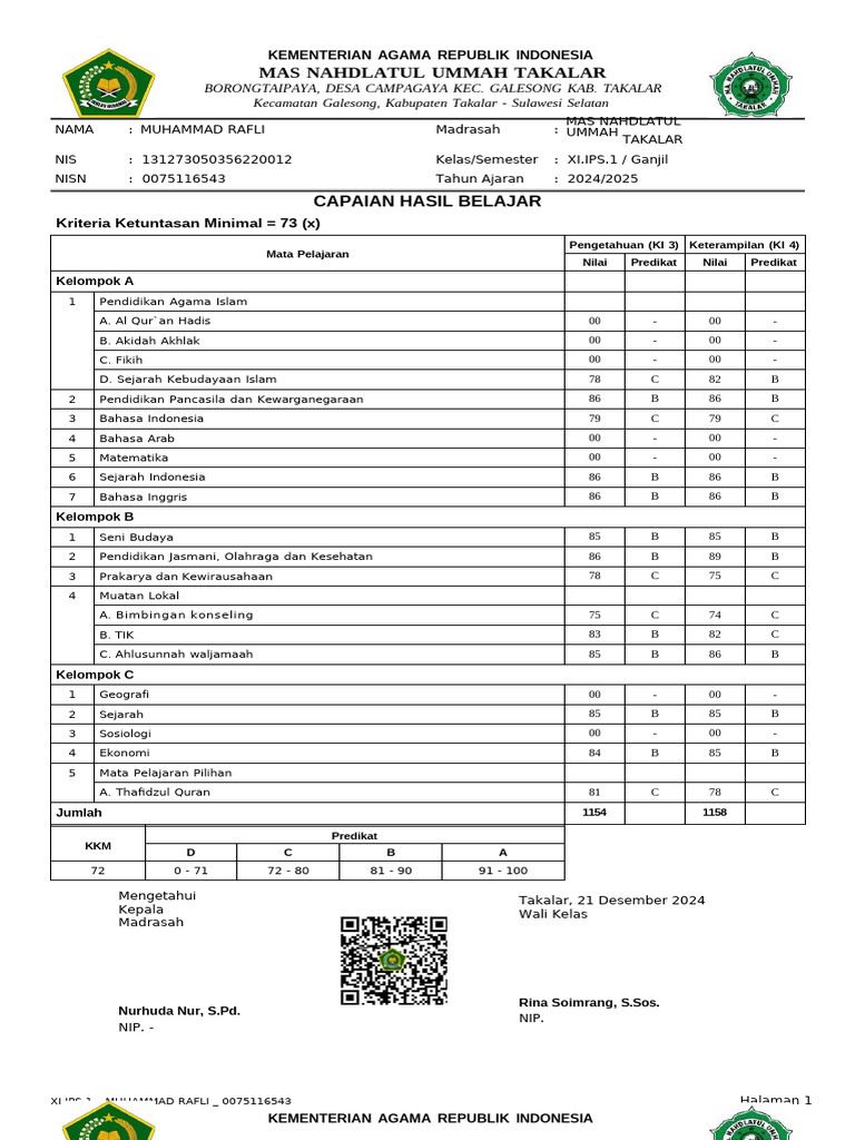 Template Nilai Rapor | PDF