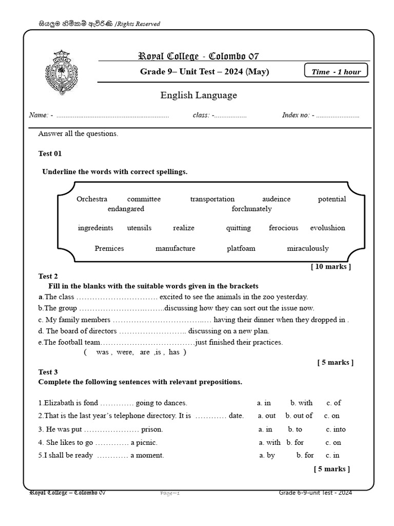 Grade 9 English Unit Test 2024 | PDF | Dinosaurs