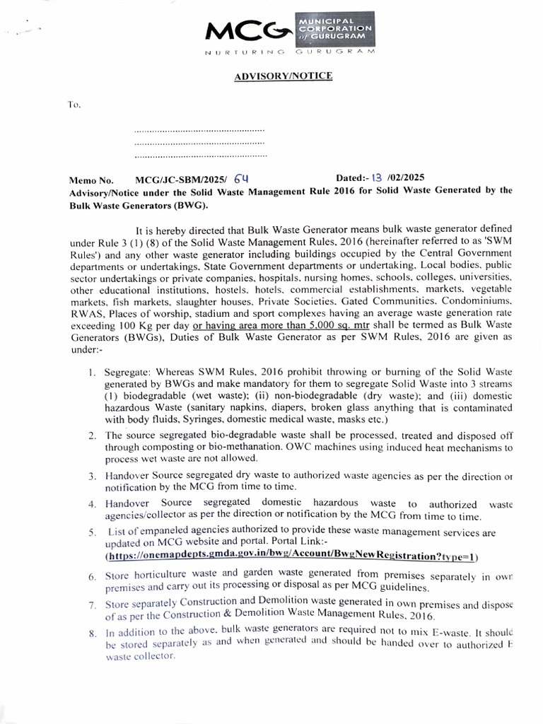 MCG Advisory for Bulk Waste Generators | PDF | Waste | Waste Management