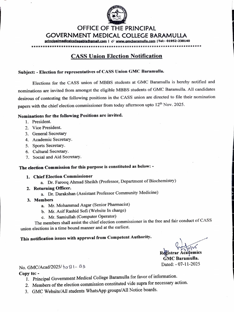CASS Union Election Notice GMC Baramulla | PDF