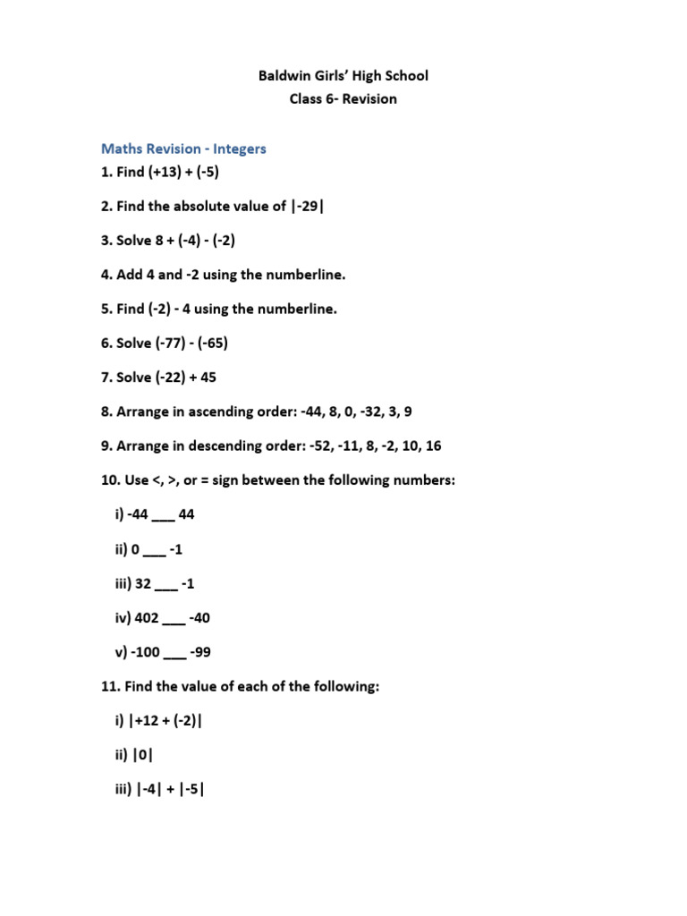 Maths Revision - Integers: ' High School | PDF