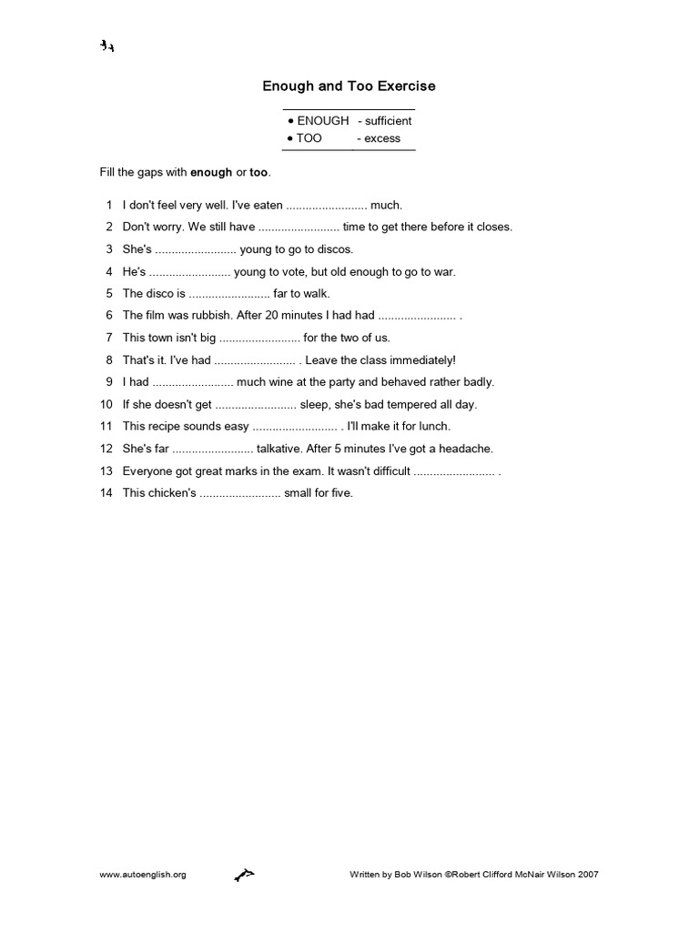 Enough vs. Too Exercise Worksheet | PDF