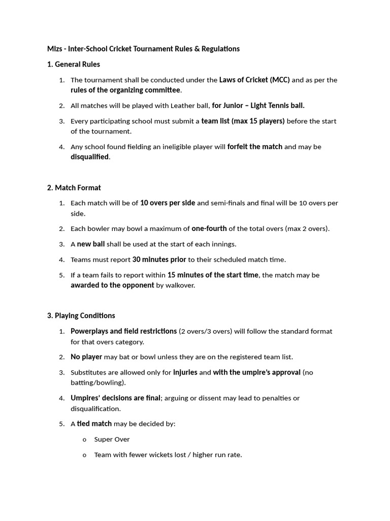 Inter-School Cricket Tournament Rules | PDF | Cricket | Ball And Bat Games