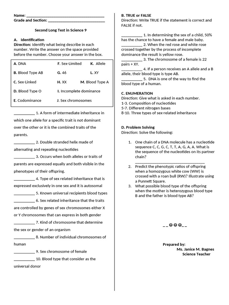 Science 9 Second Long Test Guide | PDF | Dna | Zygosity