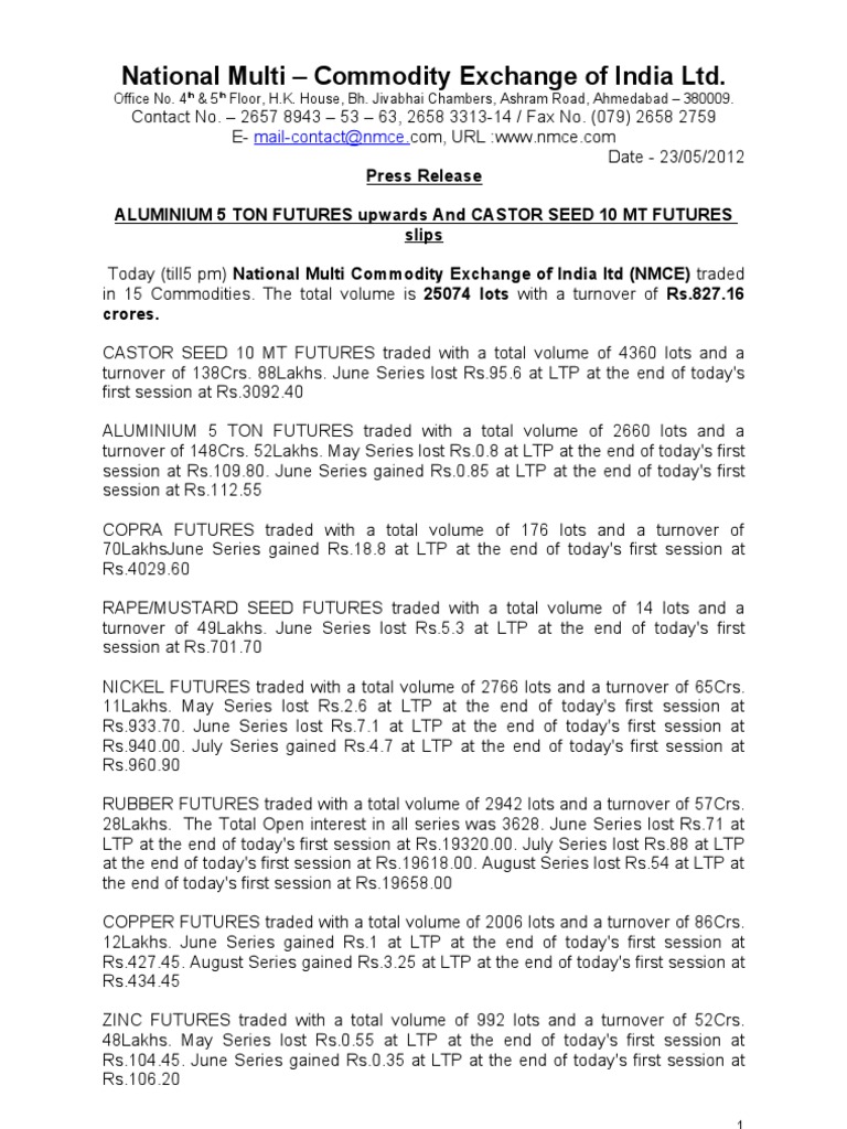 NMCE Commodity Report 23rd May, 2012 | PDF | Email | Business