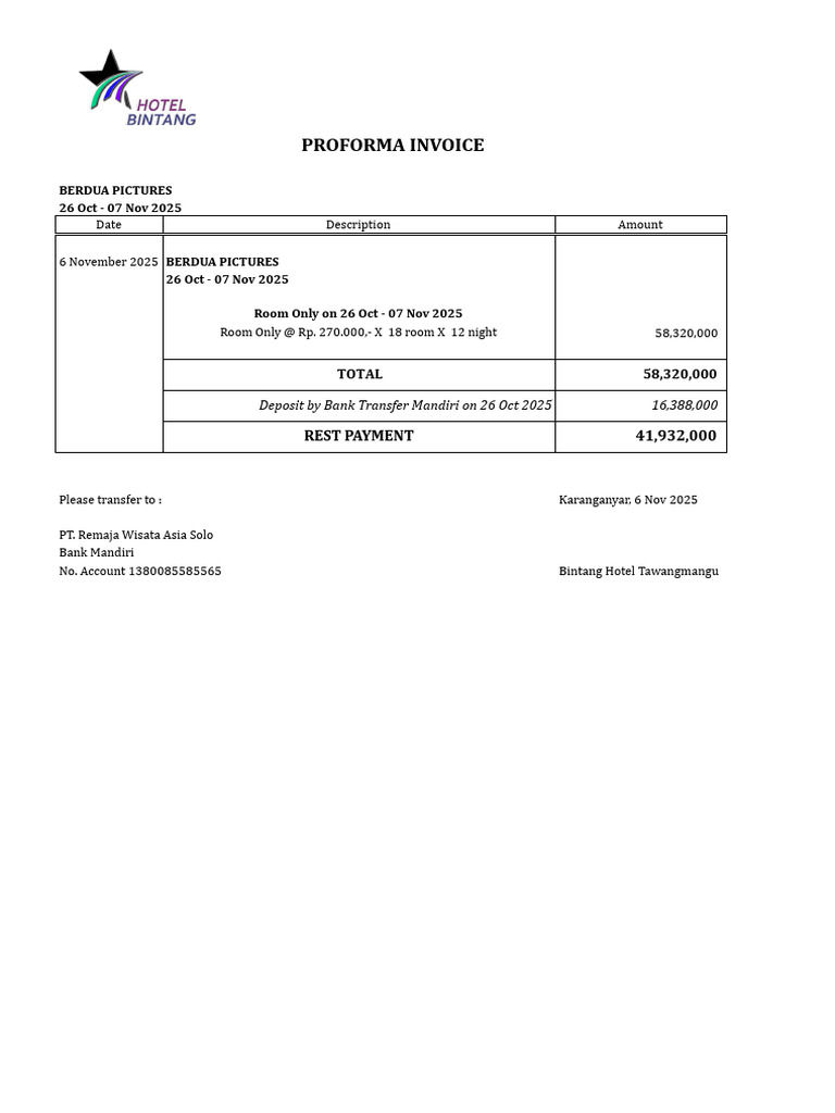 Proforma Invoice Berdua Pictures 26 Okt - 06 Nov 2025.Xlsx - INV | PDF