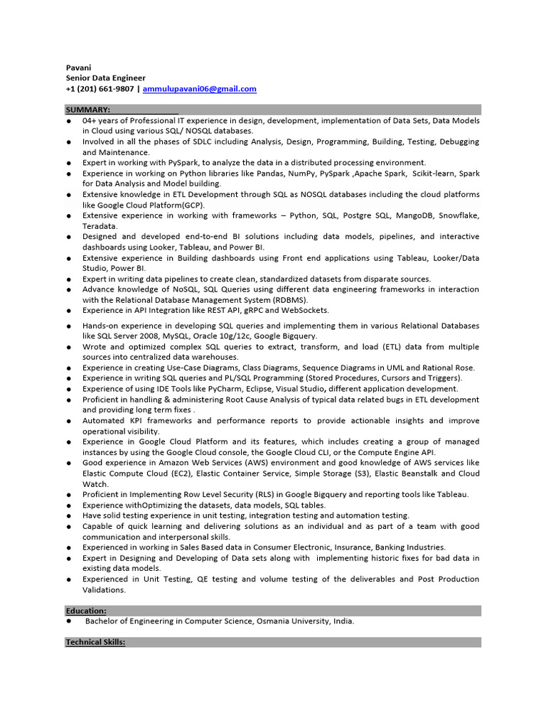 Senior Data Engineer Resume Summary | PDF | Databases | Sql