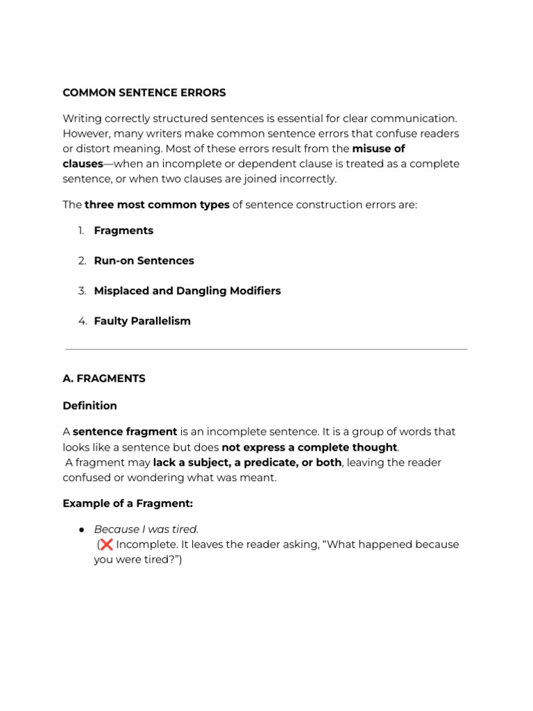 Common Sentence Errors Explained | PDF | Question | Sentence (Linguistics)