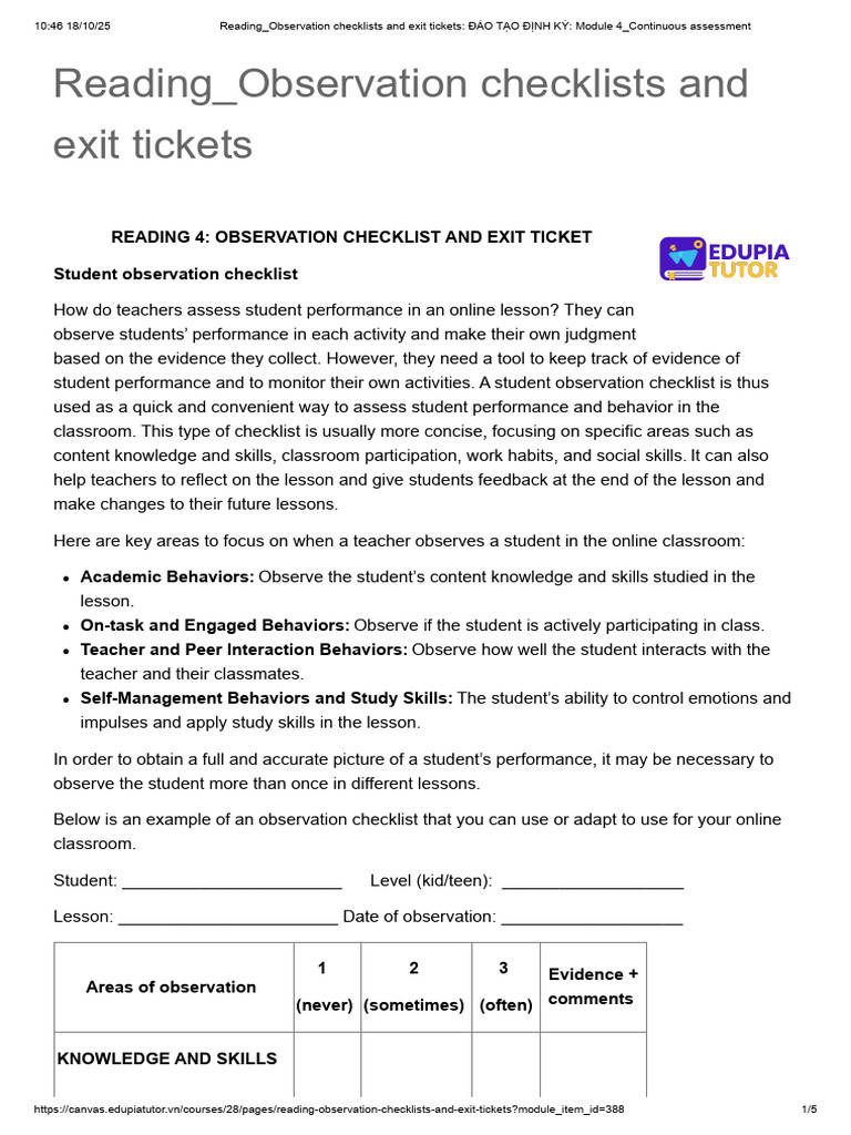 Student Observation Checklists & Exit Tickets | PDF | Teachers ...