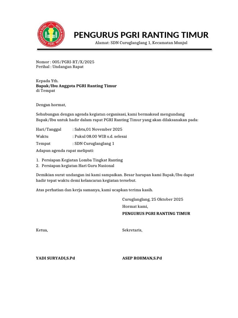 Surat Undangan Rapat PGRI Ranting Timur Dengan Logo (1) | PDF