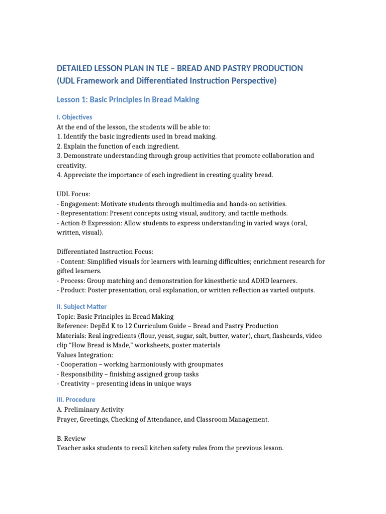 Bread and Pastry Production Lesson Plan | PDF | Differentiated ...