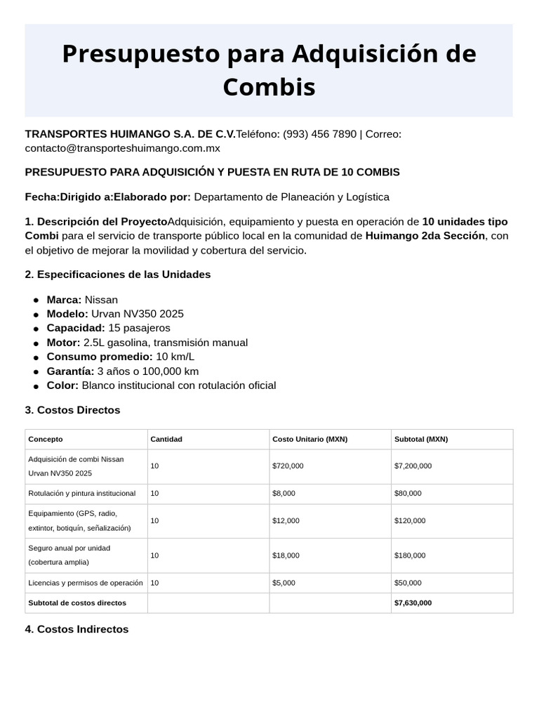 Presupuesto para Adquisición de Combis - 20251010 - 202109 - 0000 | PDF ...