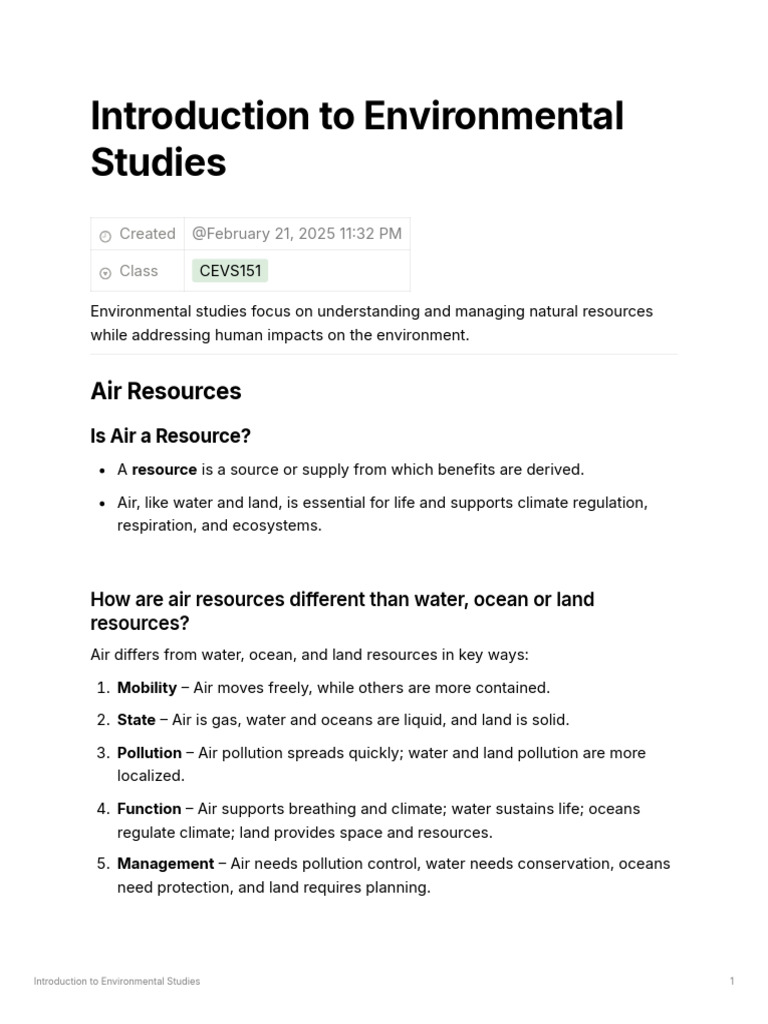 Introduction To Environmental Studies Notes | PDF | Atmosphere Of Earth ...