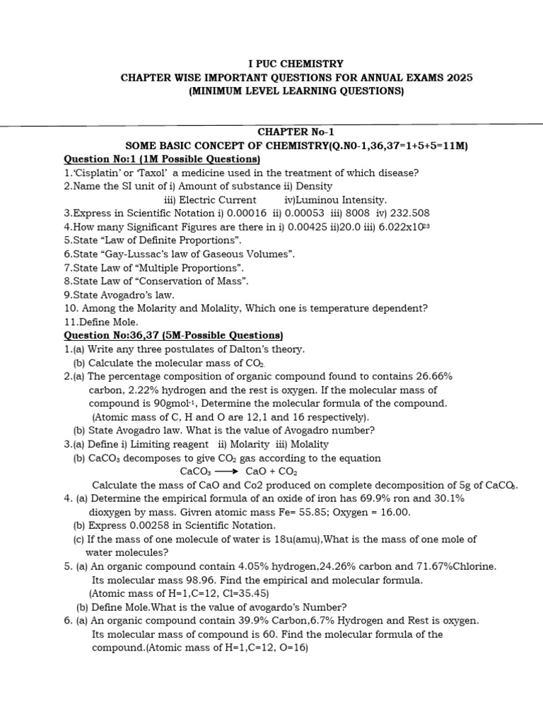 Important I PUC Chemistry Questions 2025 | PDF | Chemical Bond | Molecules