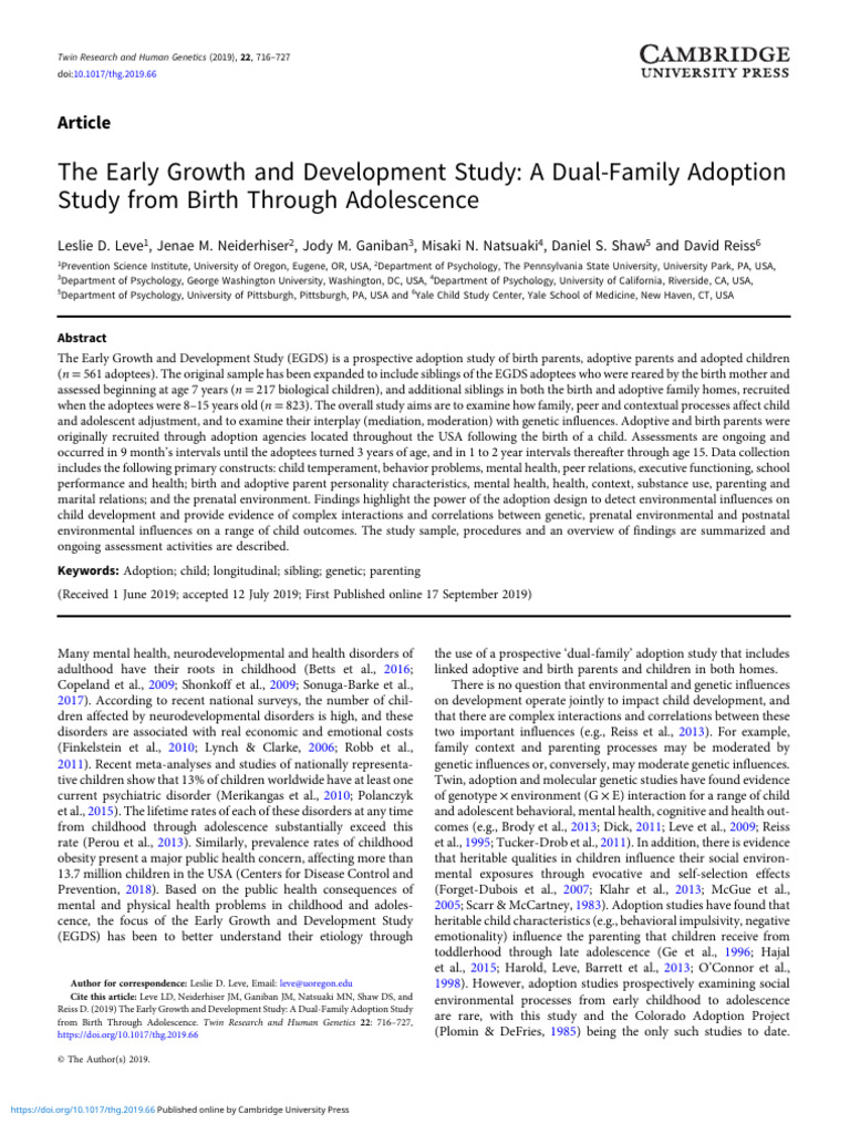 The Early Growth and Development Study A Dual Family Adoption Study ...