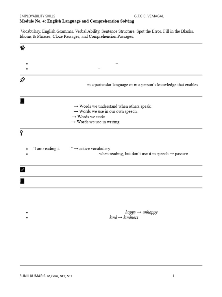 English Language Comprehension Skills | PDF | Part Of Speech | Vocabulary