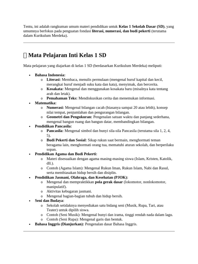 Materi Belajar Kelas 1 SD Kurikulum Merdeka | PDF