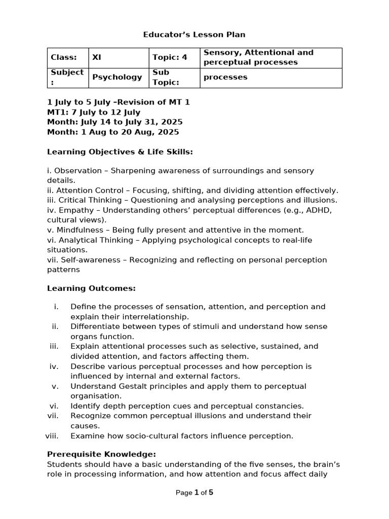 Lesson Plan - 11 - CH 4 - 14 July To 20 Aug | PDF | Perception | Attention