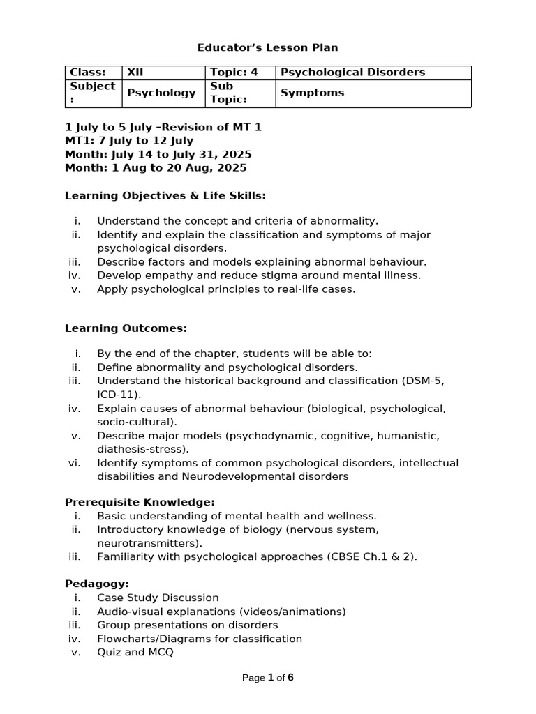 Lesson Plan - 12 - CH 4 - 14 July To 20 Aug | PDF | Mental Disorder ...