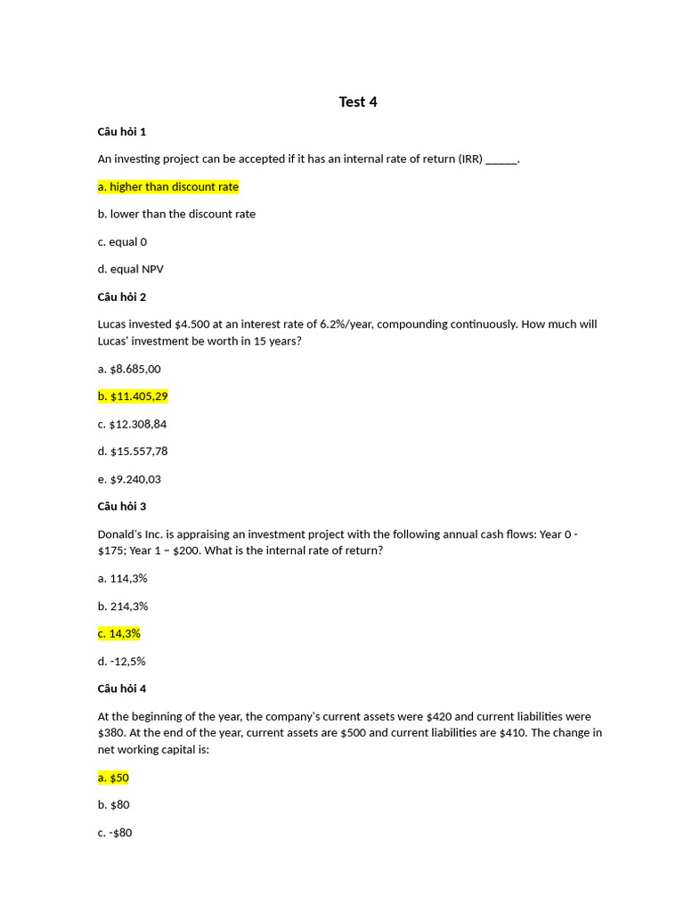 Test 4 | PDF | Internal Rate Of Return | Net Present Value