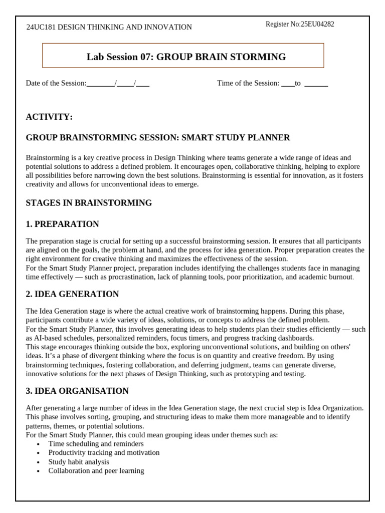 Smart Study Planner Brainstorming Guide | PDF | Brainstorming | Cognition