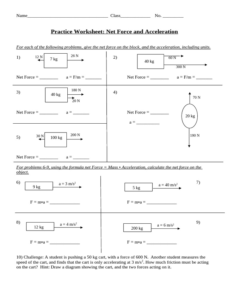 Net Force and Acceleration Practice Worksheet-Combo | PDF | Force | Mass
