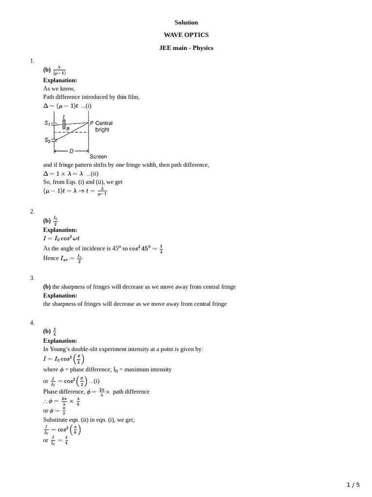 Wave Optics Solutions for JEE Main | PDF | Waves | Electromagnetic ...