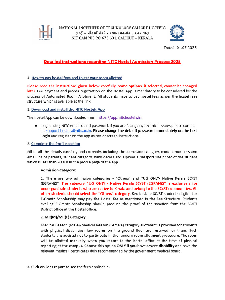 NIT Calicut Hostel Admission Guide 2025 | PDF | Payments