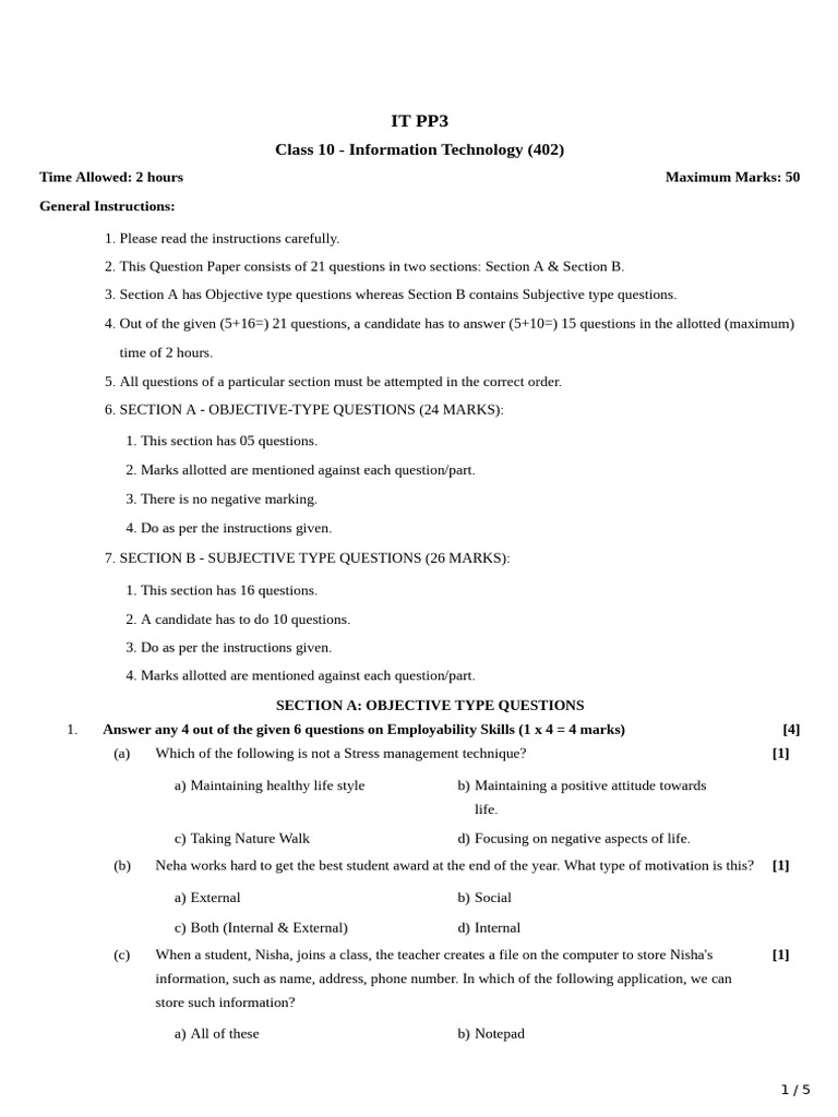 Class 10 IT Exam Question Paper | PDF | Spreadsheet | Computer File