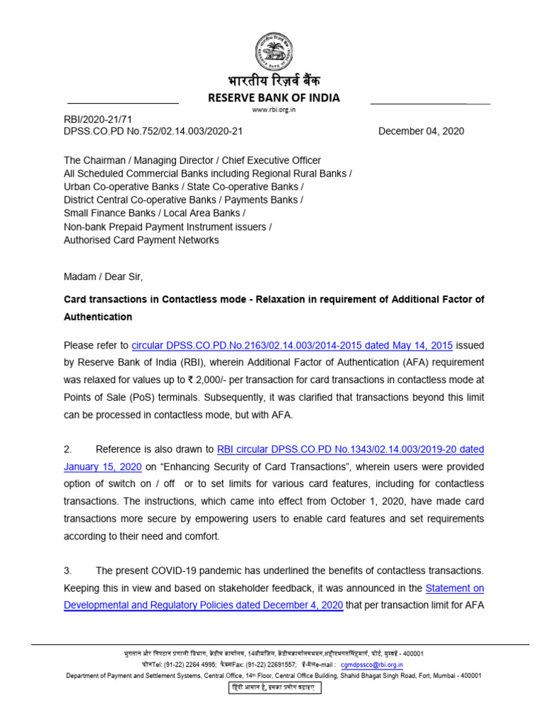 RBI Increases Contactless Card Limit | PDF | Reserve Bank Of India ...