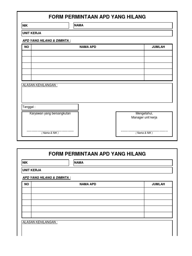 Formulir Permintaan APD Hilang | PDF
