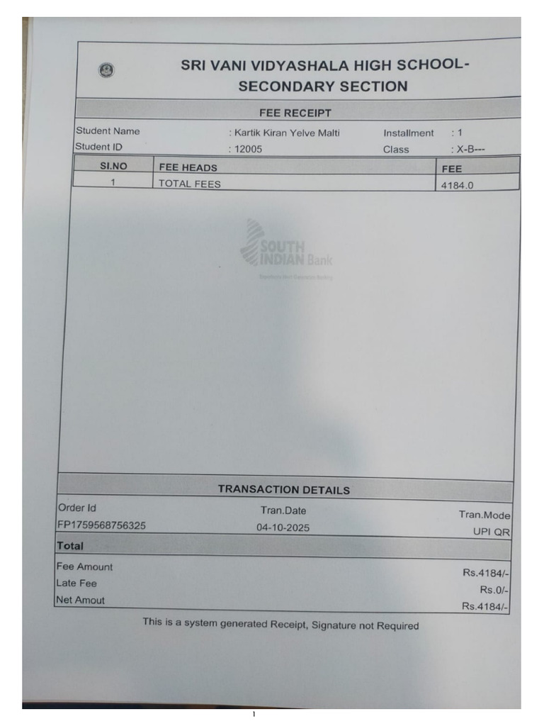 Kartik Kiran Yelve - Fees Receipt | PDF