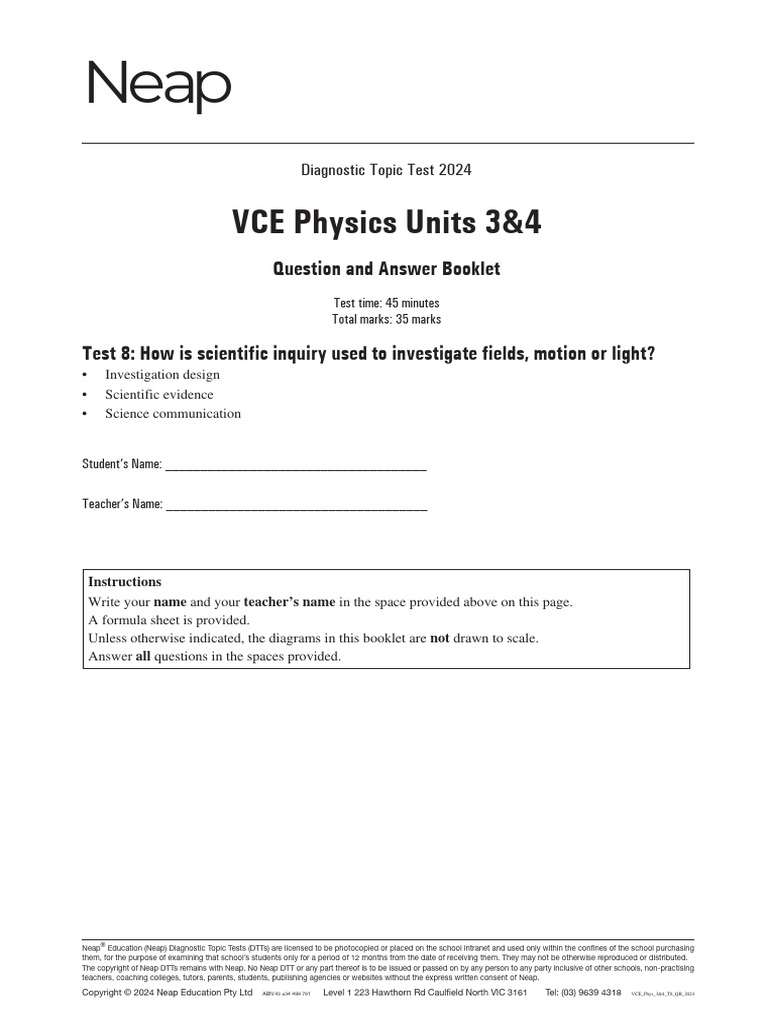 Test 8 VCE Physics Units 3&4 DTT 2024 | PDF | Experiment | Pendulum