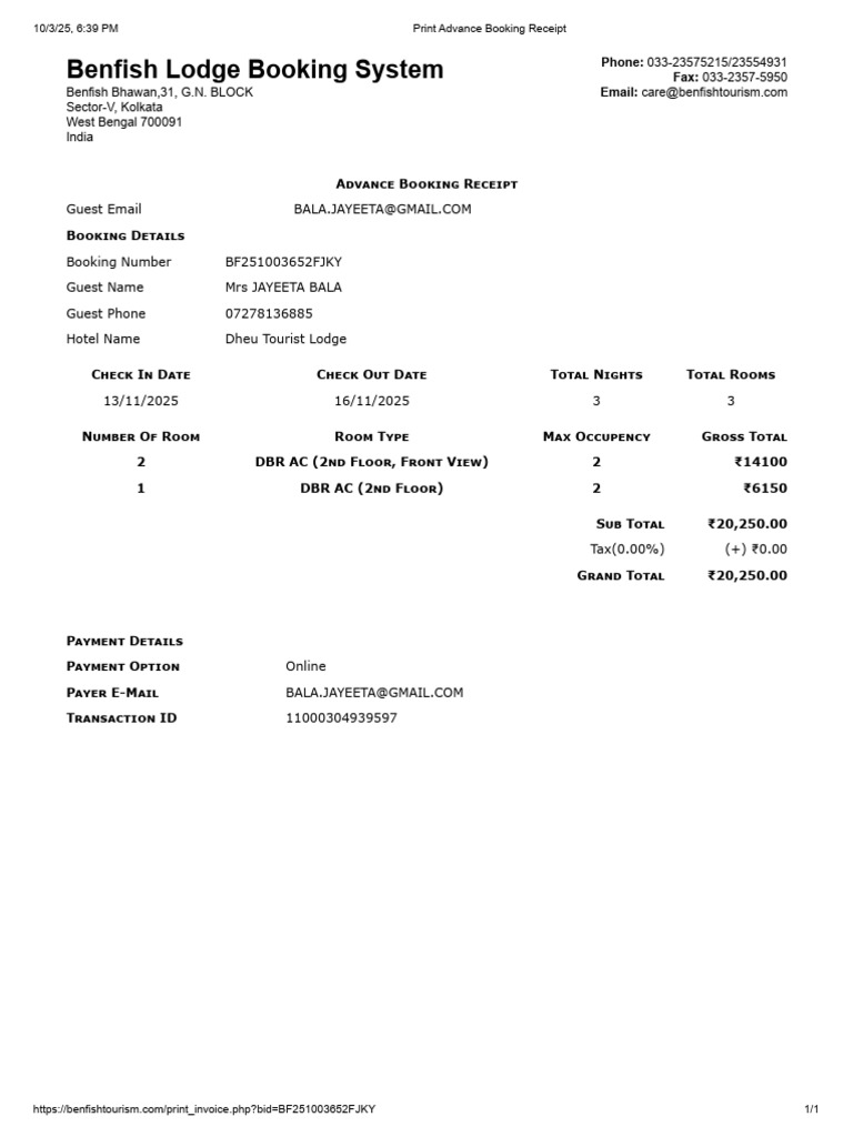 Print Advance Booking Receipt | PDF