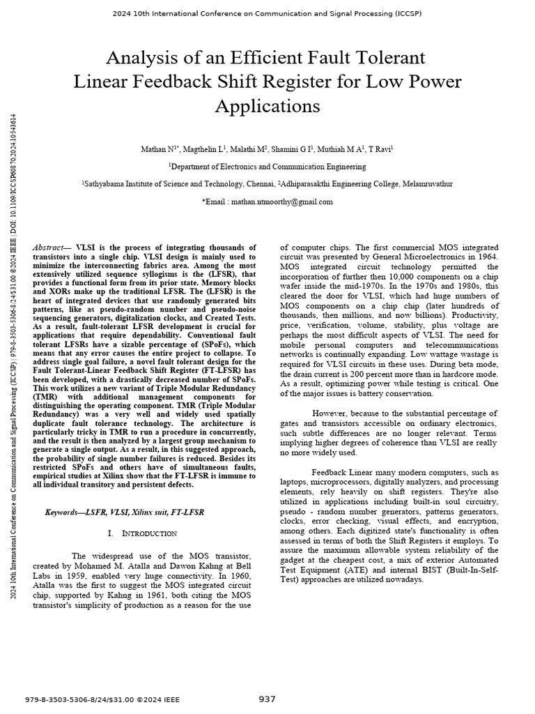 Fault Tolerant LFSR Design for Low Power | PDF | Integrated Circuit ...