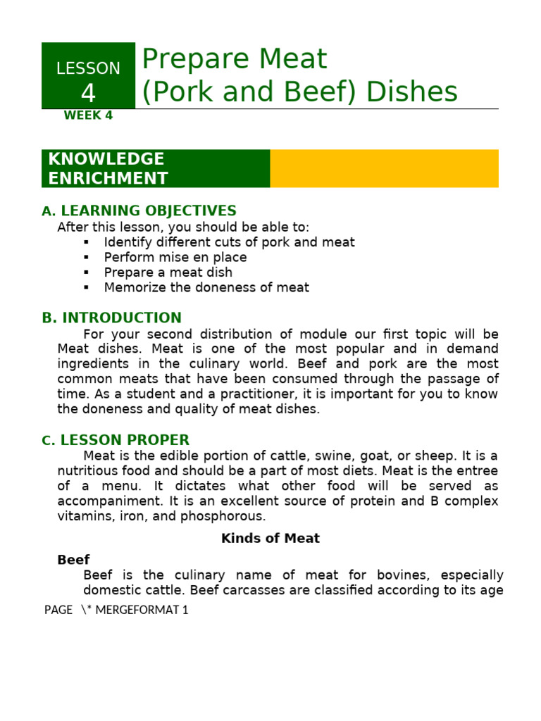 Meat Preparation: Pork & Beef Guide | PDF | Desserts | Custard
