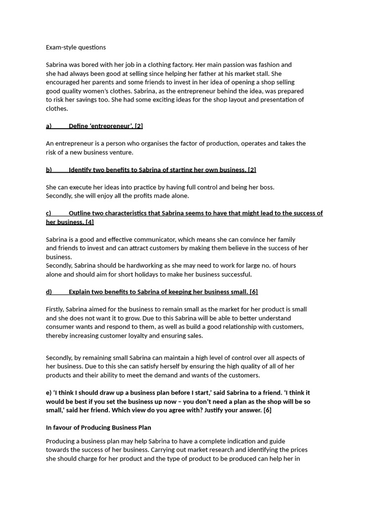 CH # 3 Exam Style Question # 1 | PDF | Entrepreneurship | Business ...