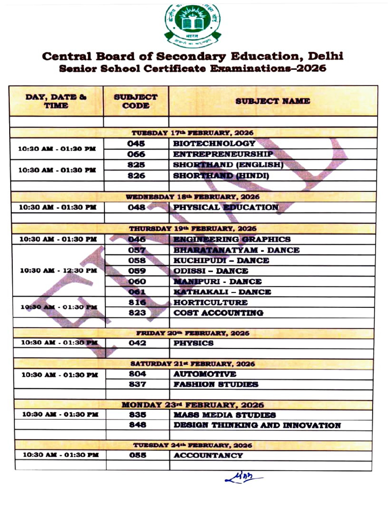CBSE Class 12 Exam Schedule 2026 | PDF | Languages | Foreign Language ...