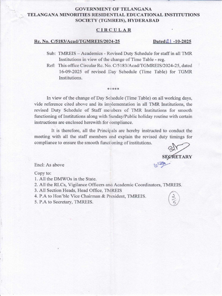 Circular Revised Duty Schedule Staff TMR Inst. | PDF