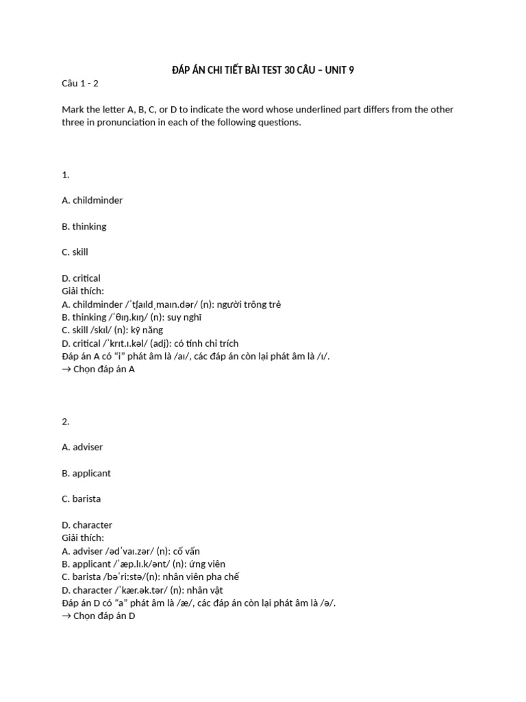 Đáp Án Chi Tiết Bài Test 30 Câu-1 | PDF
