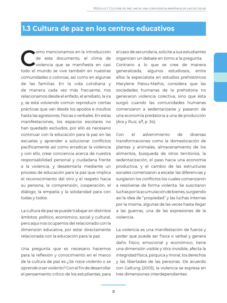 Cultura de paz en escuelas: educación y convivencia | PDF | Violencia | Paz