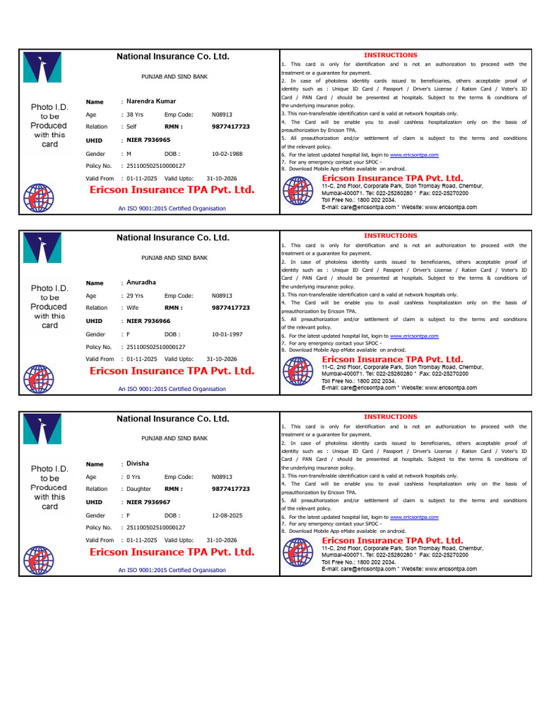 Ericson Insurance TPA Identification Cards | PDF | Identity Document ...