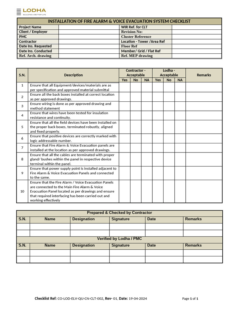 Fire Alarm & Evacuation System Checklist | PDF | Electricity ...